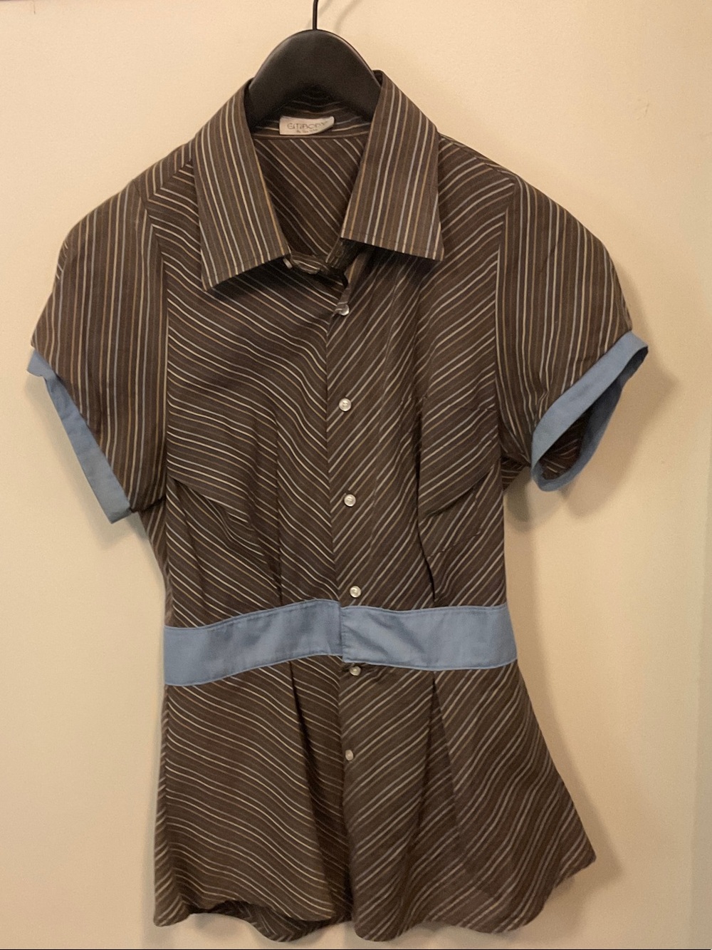 Striped Short-Sleeve Shirt with Light Blue Trim